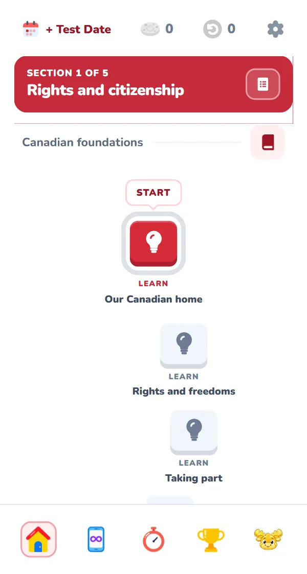 The Learn Canada app playing its first lesson: START on the learning path, a Canadian foundations fact, then its question answered right. Excellent!